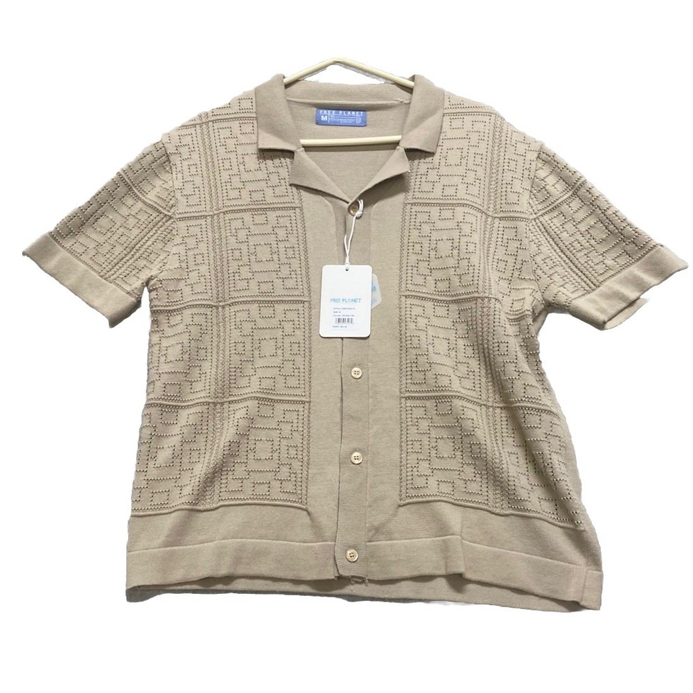 Free Planet Men's Medium Button Up Shirt Oxford Tan Hawaiian Beach Vacation NWT!